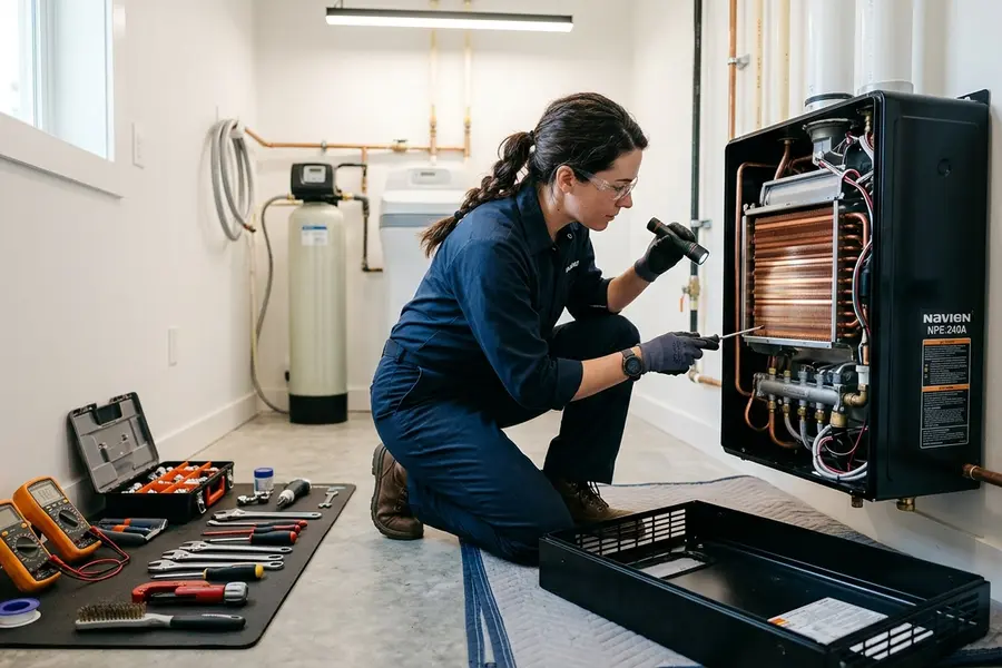 Water Heater Jockey plumber servicing a tankless water heater in Round Lake
